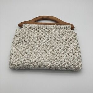 Vintage 1970s Macrame Handbag - Boho Wood Handle Cream Crochet Purse - Retro MCM